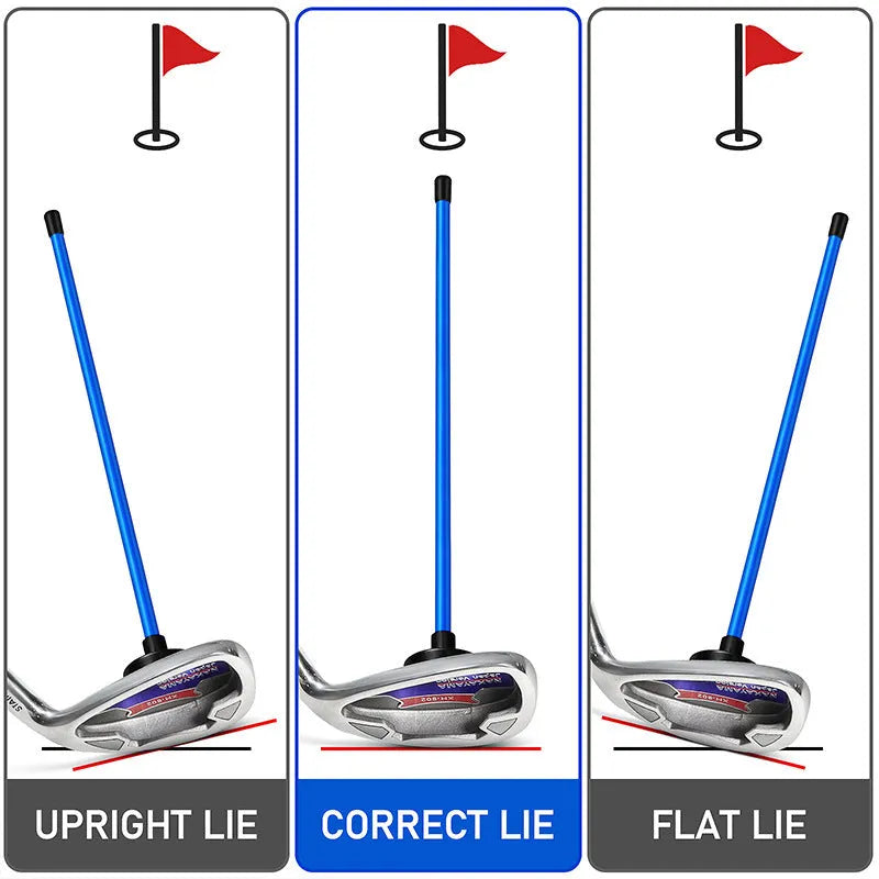 Red and blue aluminium alloy magnetic golf swing trainer bar attached to a golf club shaft.
