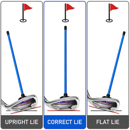 Red and blue aluminium alloy magnetic golf swing trainer bar attached to a golf club shaft.