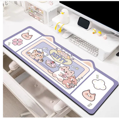 Oversized mouse pad on desk showing natural rubber base and solid colour design in available sizes from 20x26cm to 50x100cm