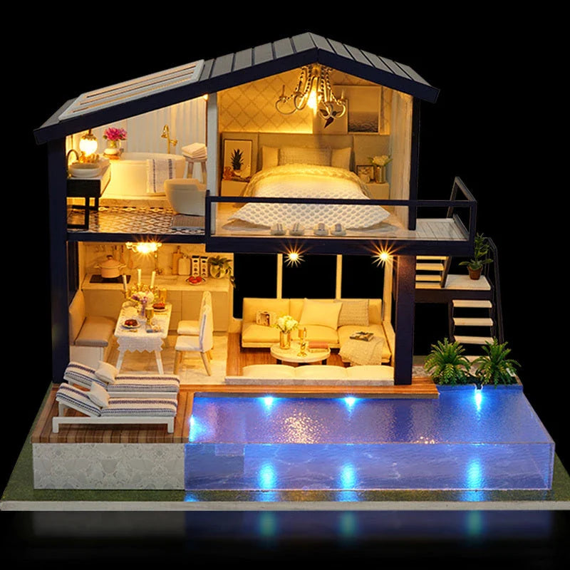 Charming DIY wooden dollhouse with detailed assembly instructions and LED lighting