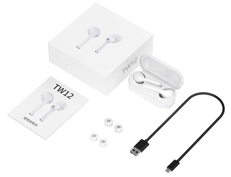 Black and white true wireless Bluetooth headphones with USB charging dock