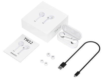 Black and white true wireless Bluetooth headphones with USB charging dock