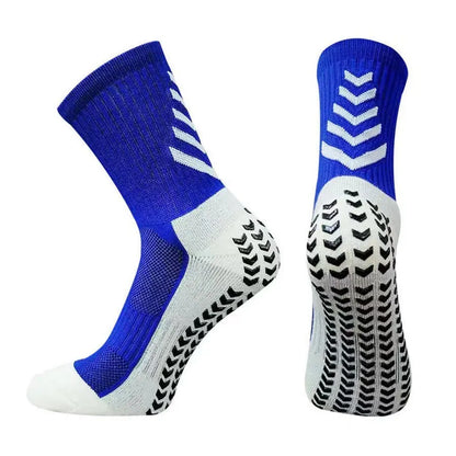 Men's mid-calf athletic football socks with geometric patterns and silicone grip sole