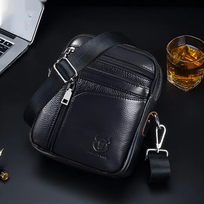 Black genuine leather men's shoulder messenger bag with retro style design