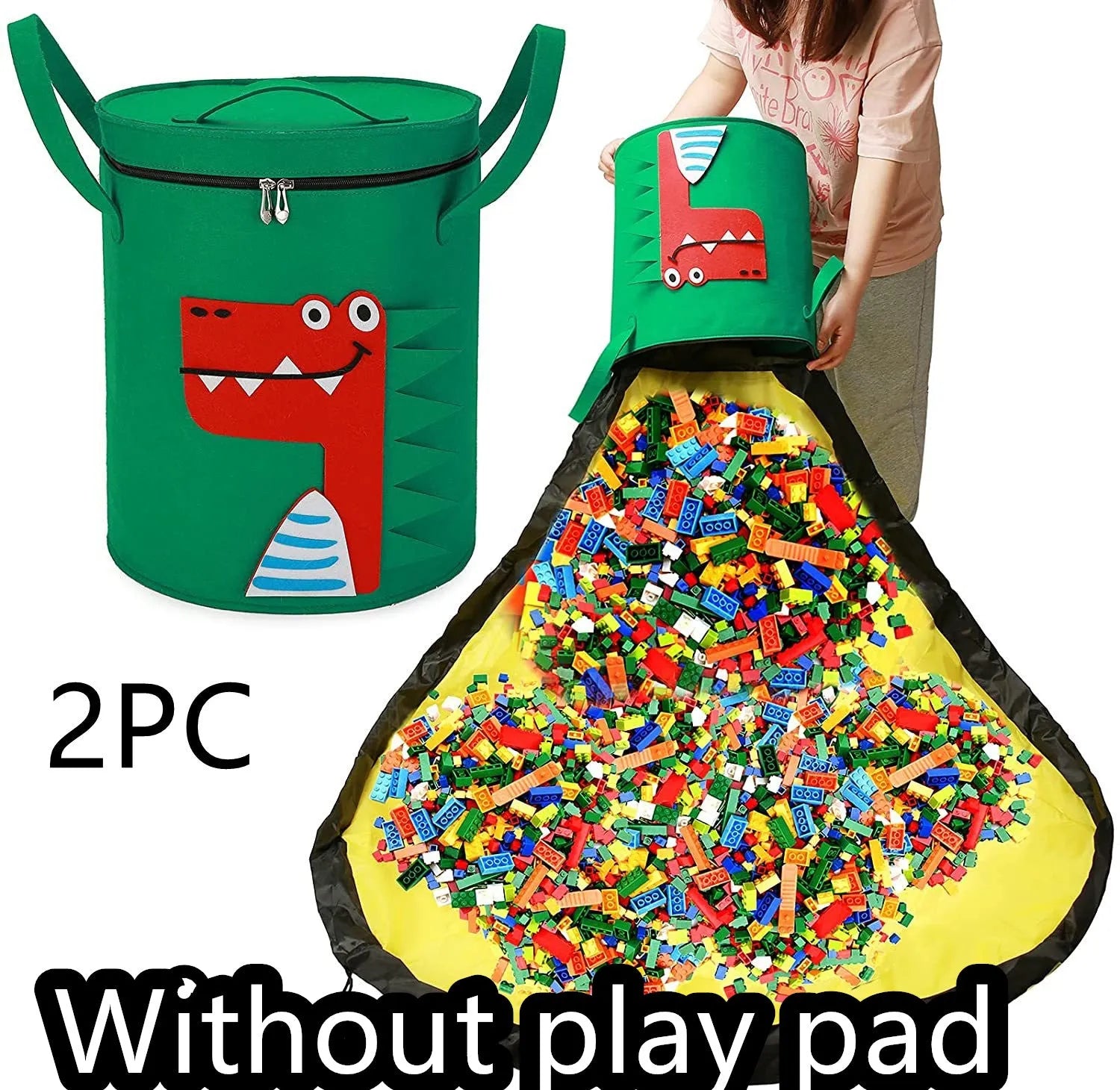 Green felt storage cube with pull rope, unfolded flat as a square play mat next to toys.