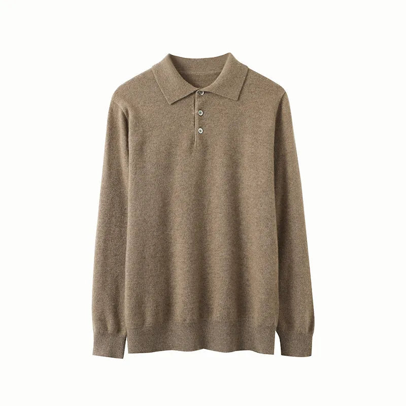 Men's cashmere pullover sweater with polo collar in loose fit on a hanger