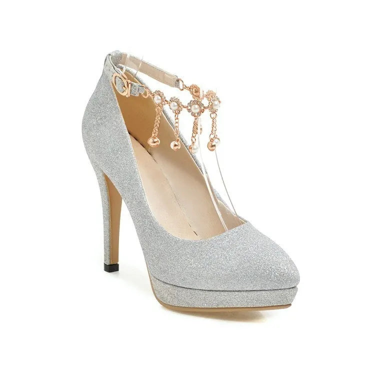 Women's platform high heels with stiletto heel in blue, pink, gold, or silver, showing pointed toe and available cutting depths.