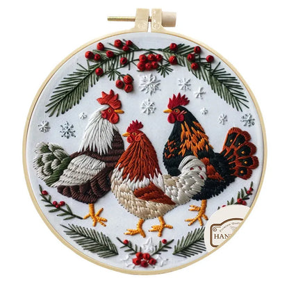 Handmade embroidery kit with cartoon pattern, bamboo frame, scissors, and cotton linen fabric