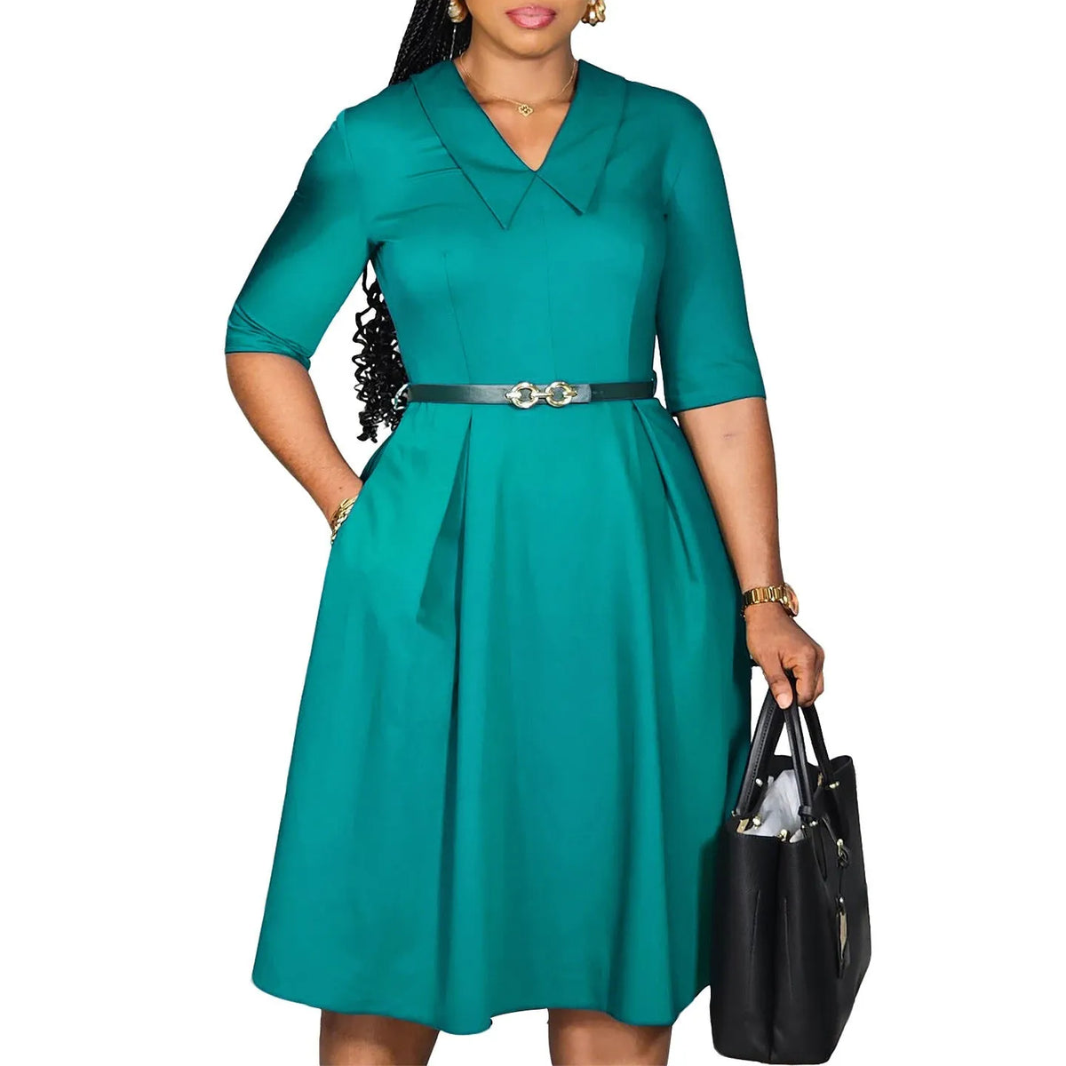 Women's solid colour African midi dress with half sleeves and a matching fabric belt.