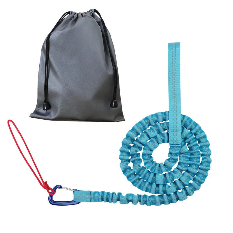 Bicycle hand holding rope with metal carabiner clips for parent-child bike towing in four colours.