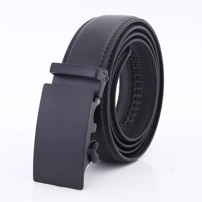 Black men's automatic buckle leather belt in two-layer cowhide with alloy rectangle buckle, 120cm or 130cm