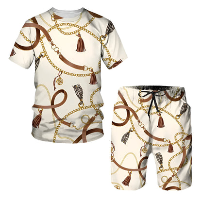 Man wearing a chain pattern digital printed short sleeve T-shirt with matching shorts, summer leisure set.