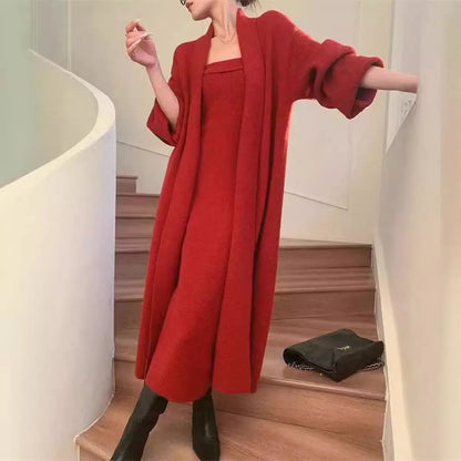 Women's knitted cardigan dress and coat suit in free size with flocked texture, available in multiple colours