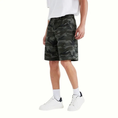 Men's casual shorts in cotton-spandex blend, straight loose fit, mid waist, button fly, available in green grey camo sizes S-3XL