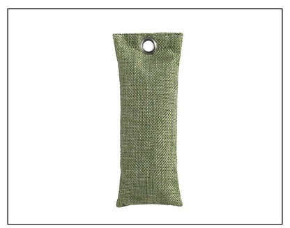 Set of black, green, grey, and blue rectangular bamboo charcoal deodorising bags on a white surface.