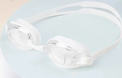 HD waterproof non-fogging swimming goggles in black, available in plain or myopia corrective versions with a case.