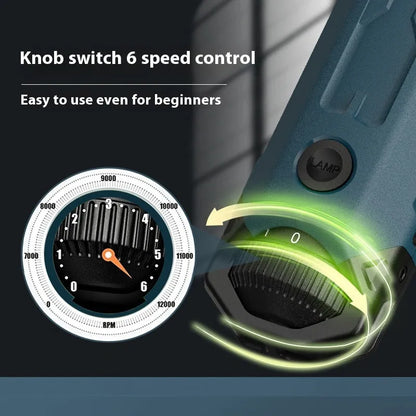 Dark blue pet nail grinder with LED light, 6-speed rotary knob, and USB charging port