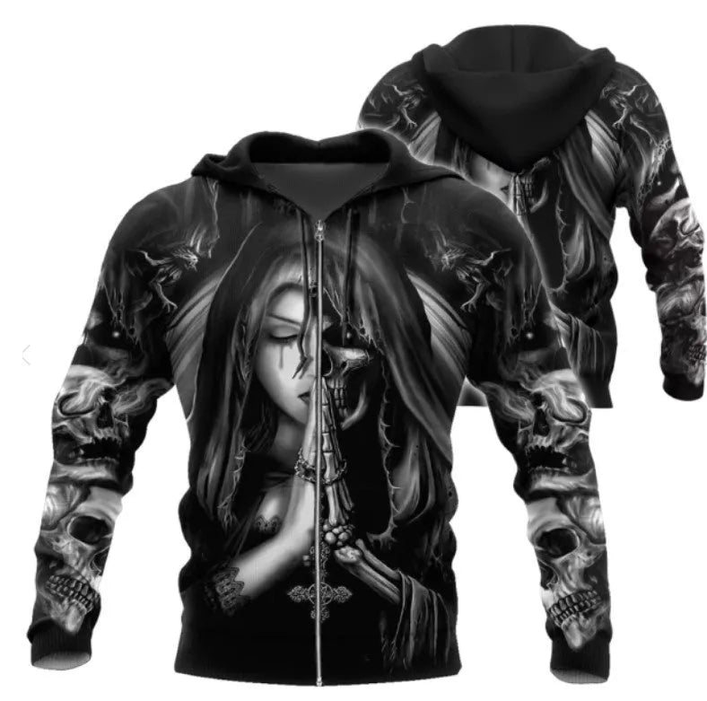 A black hooded sweatshirt with a large white and grey 3D printed skull graphic on the front, featuring long sleeves and a drawstring hood.