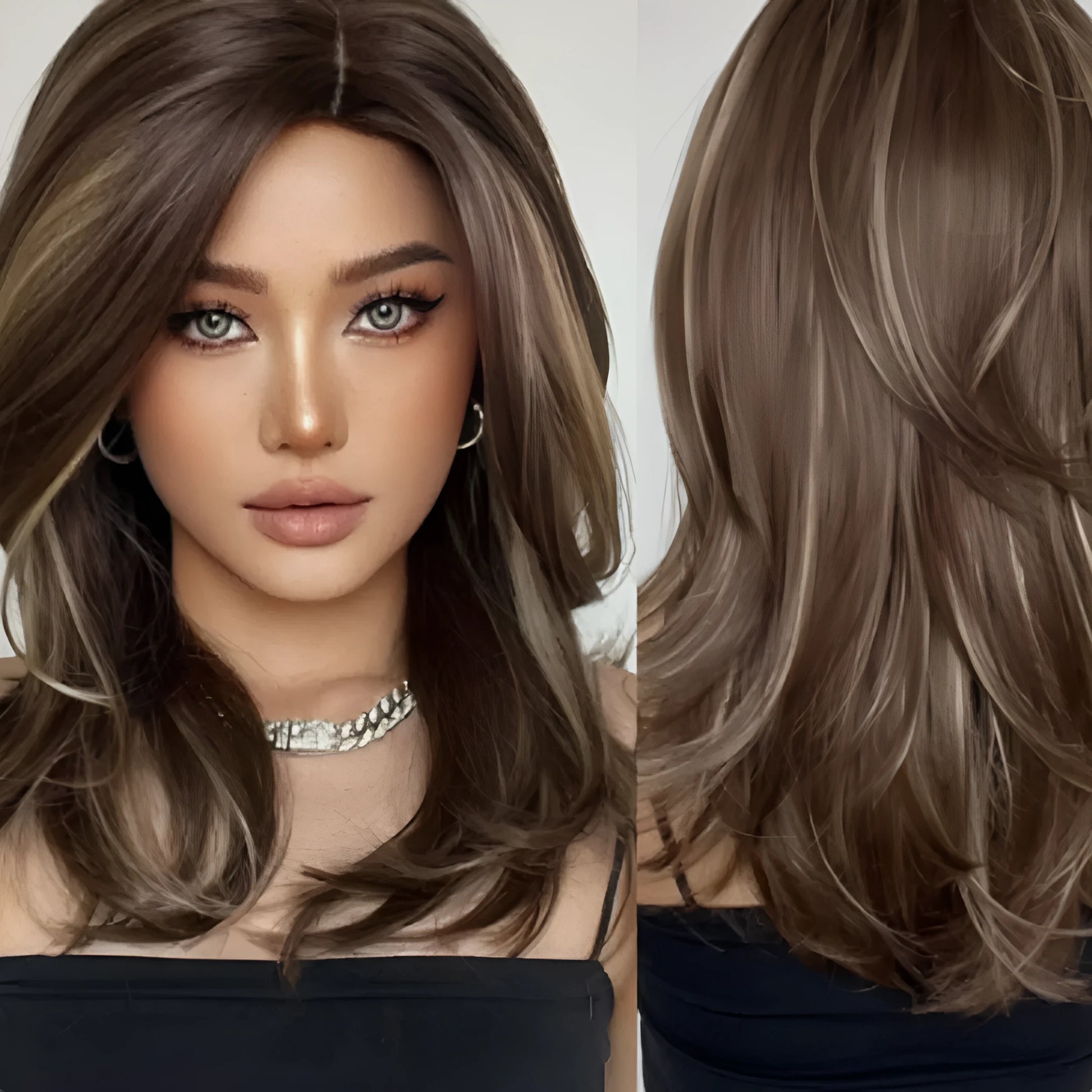Mid-length full-head wig with platinum gradient colour, long curly hair, and bangs in star fashion style