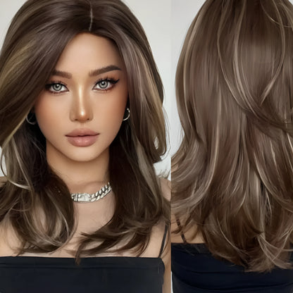 Mid-length full-head wig with platinum gradient colour, long curly hair, and bangs in star fashion style