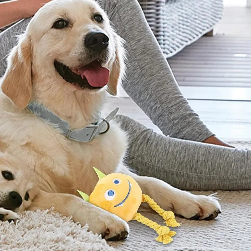 Blue and yellow cotton rope dog squeaky toy with knot design and PP cotton filling