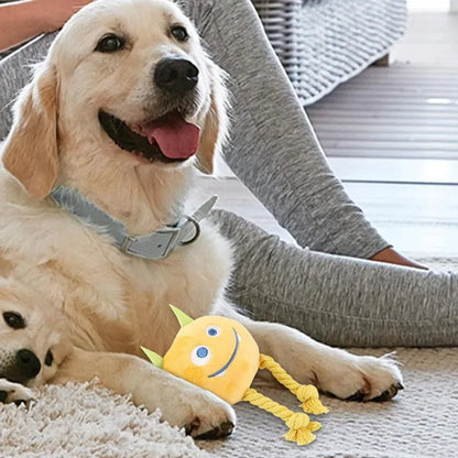 Blue and yellow cotton rope dog squeaky toy with knot design and PP cotton filling