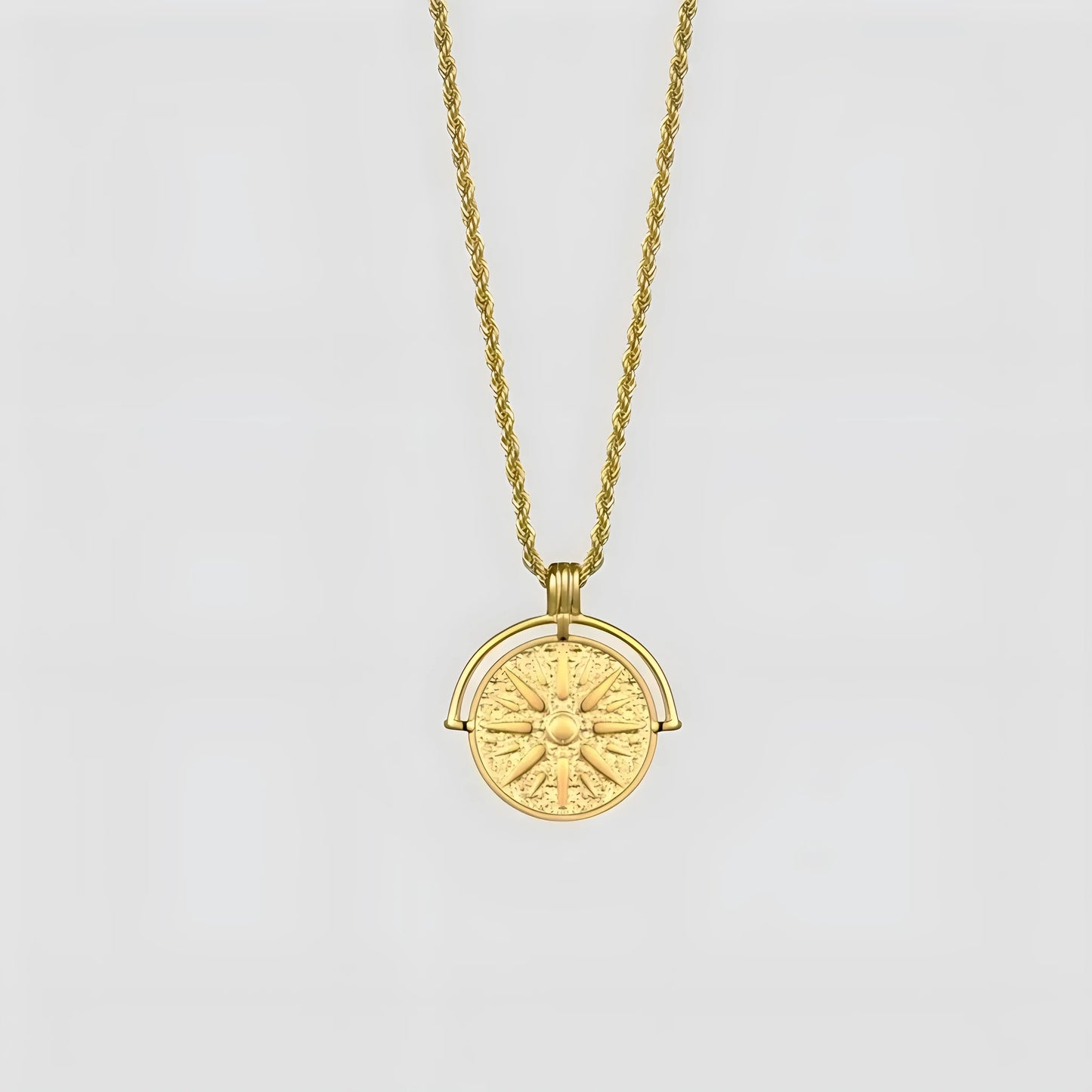 Stainless steel sunflower pendant necklace with geometric embossed design on adjustable chain