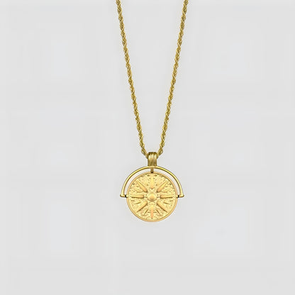 Stainless steel sunflower pendant necklace with geometric embossed design on adjustable chain