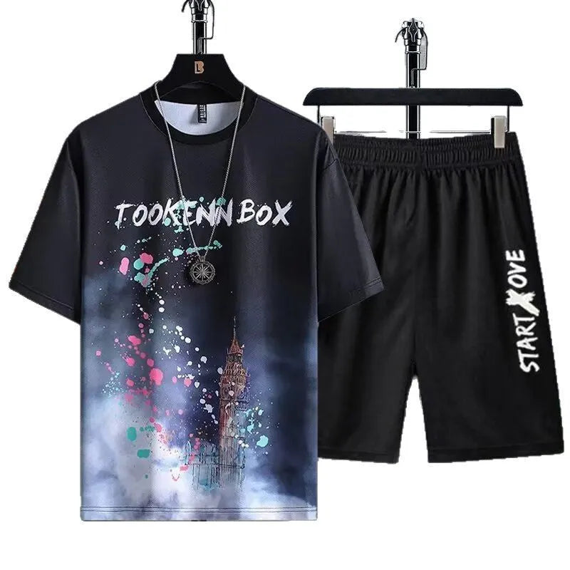 Men's lightweight polyester shorts suit set with short sleeve top and matching shorts for summer