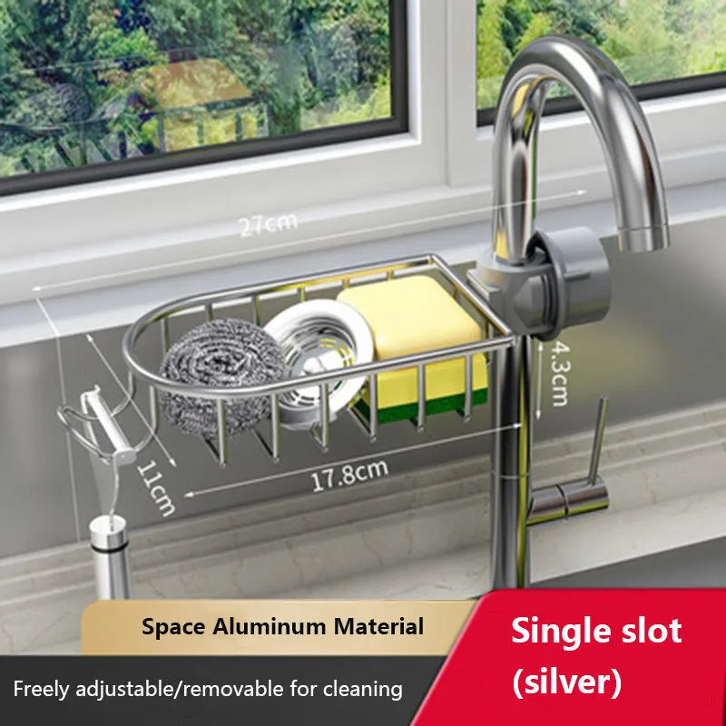 Space aluminium kitchen sink rack and drain basket with no-punch fitting, shown in silver or black single or double with towel bar