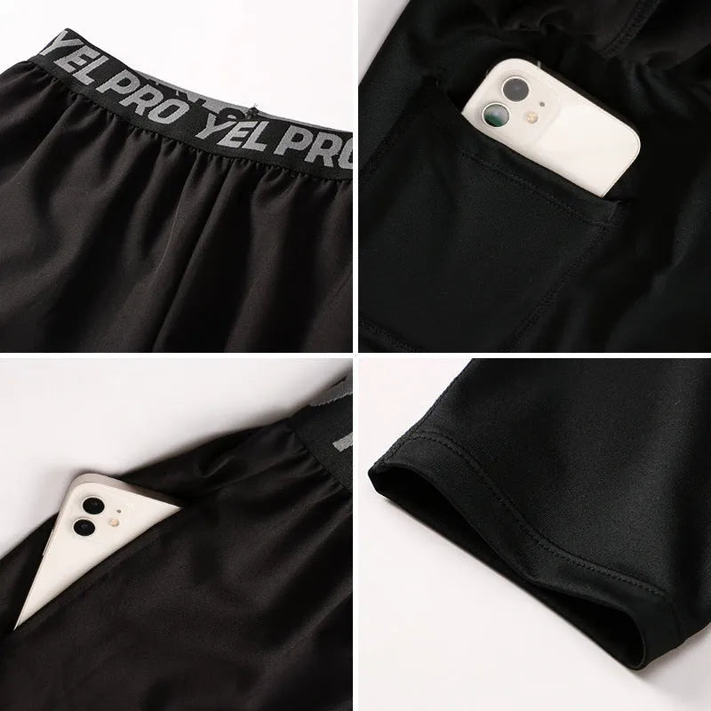 Men's tight fitness pants in polyester spandex fabric showing quick-dry properties and high elastic compression for athletic training