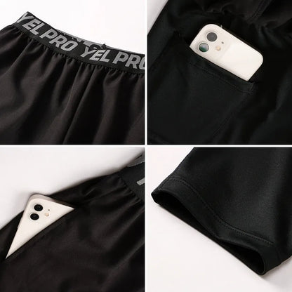 Men's tight fitness pants in polyester spandex fabric showing quick-dry properties and high elastic compression for athletic training
