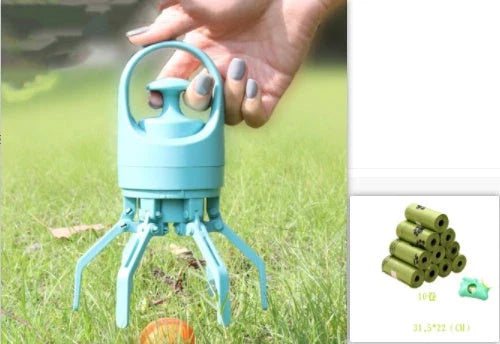 Portable dog poop scooper with claw mechanism and built-in bag dispenser for effortless pet waste cleanup