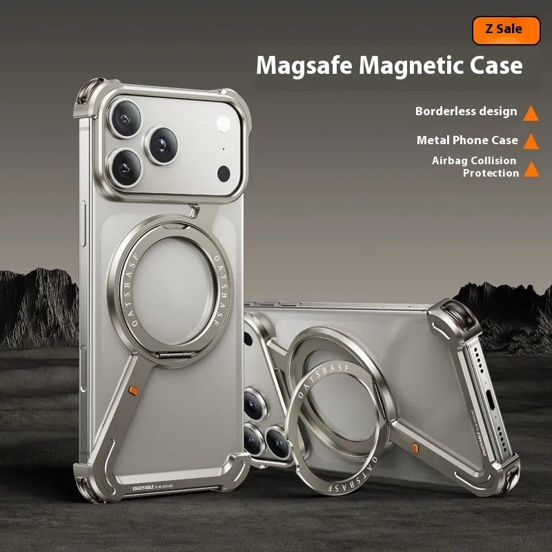 Black electroplated metal phone case for iPhone 17 Pro Max showing integrated magnetic bracket on back.