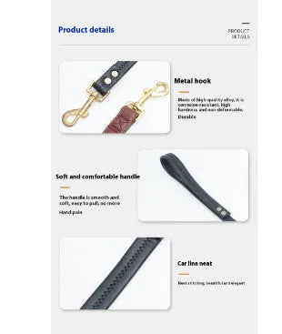 Black PU leather dog lead with brass buckle and padded handle, laid out to show length.