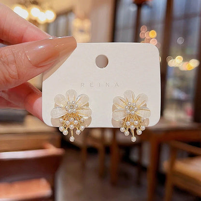 Gold electroplated floral earrings with pearl accents on S925 silver posts