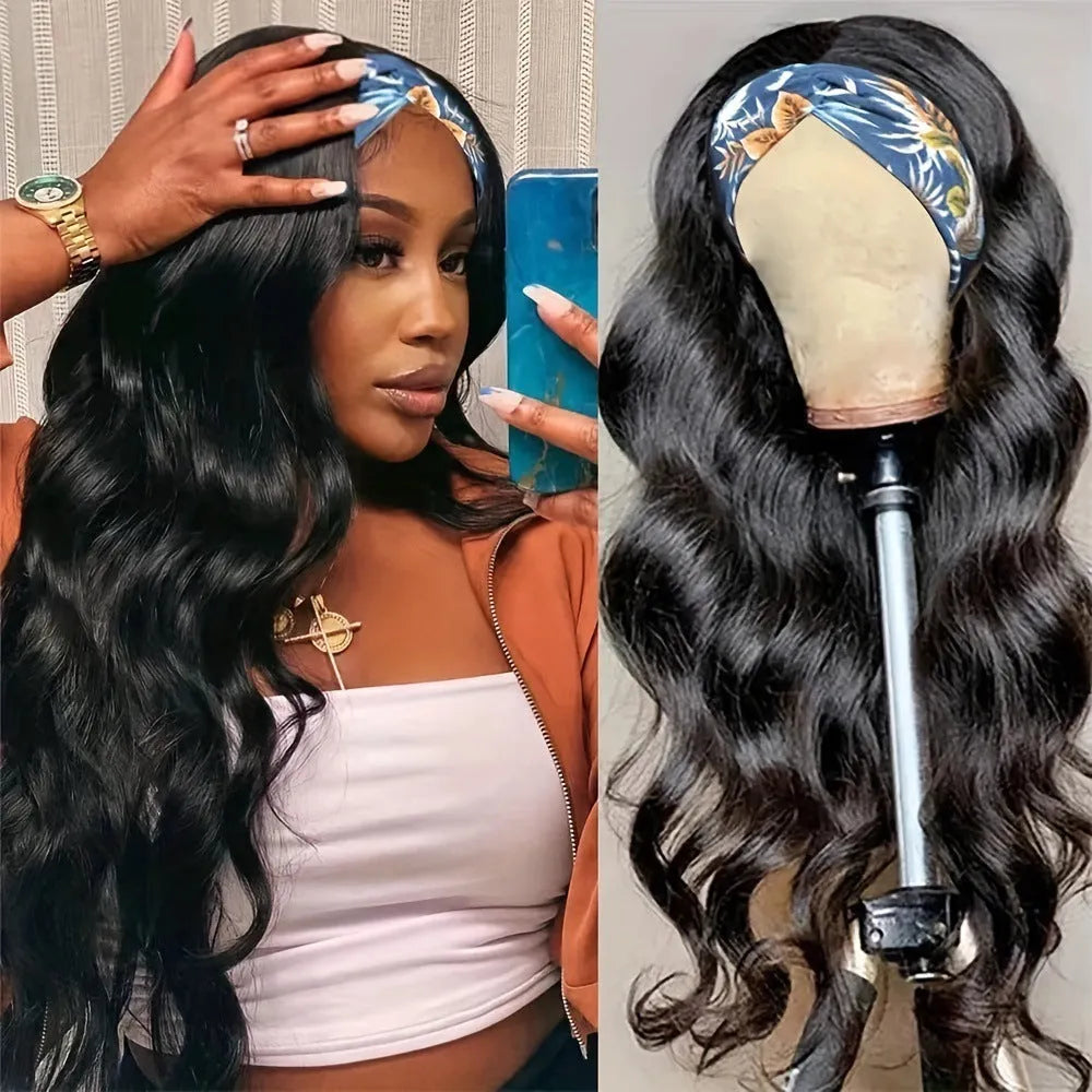 Headband wig with high temperature fibre hair in black straight, black curly, and wine red colour options