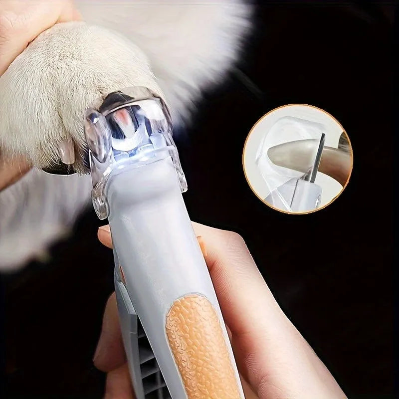 Yellow LED pet nail trimmer with magnifying glass and steel blades for cat and dog grooming