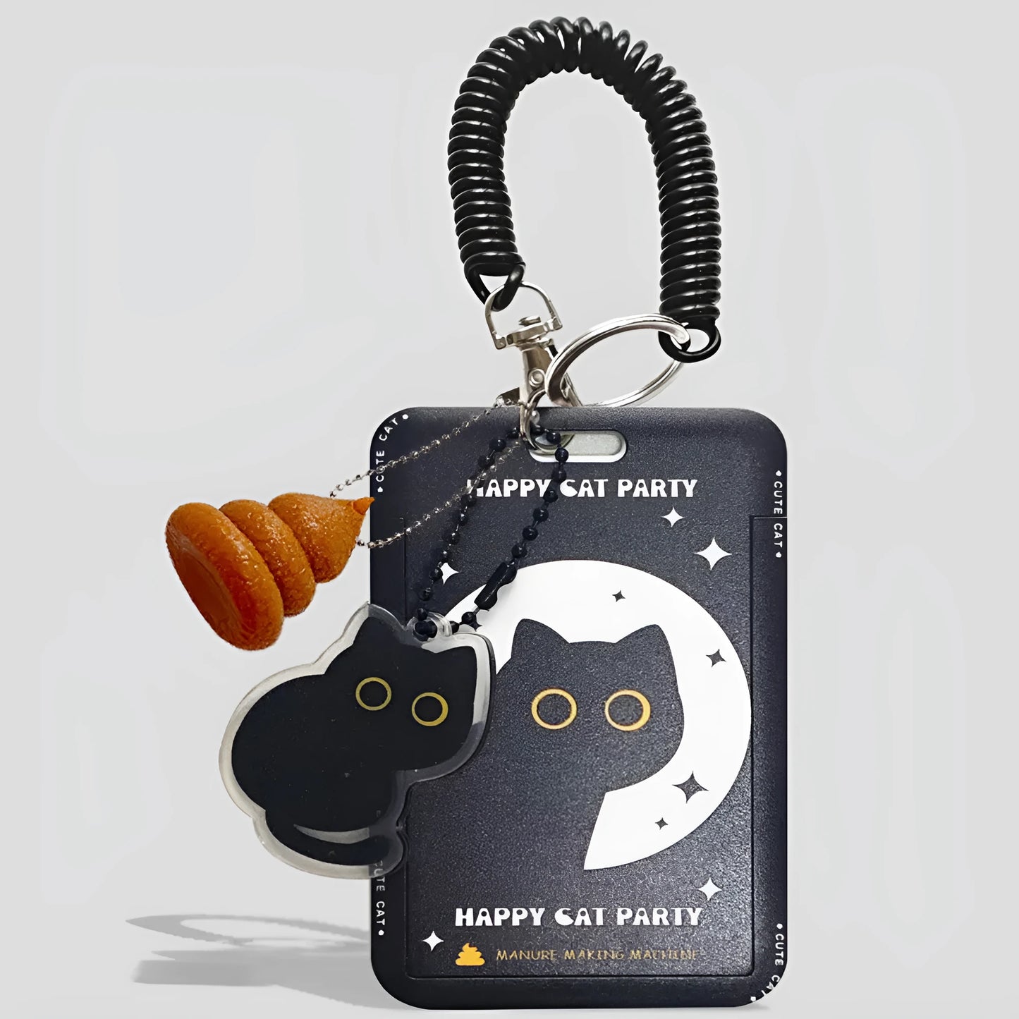Cartoon cat design plastic card holder sleeve with a metal ferrule pendant clip attached.