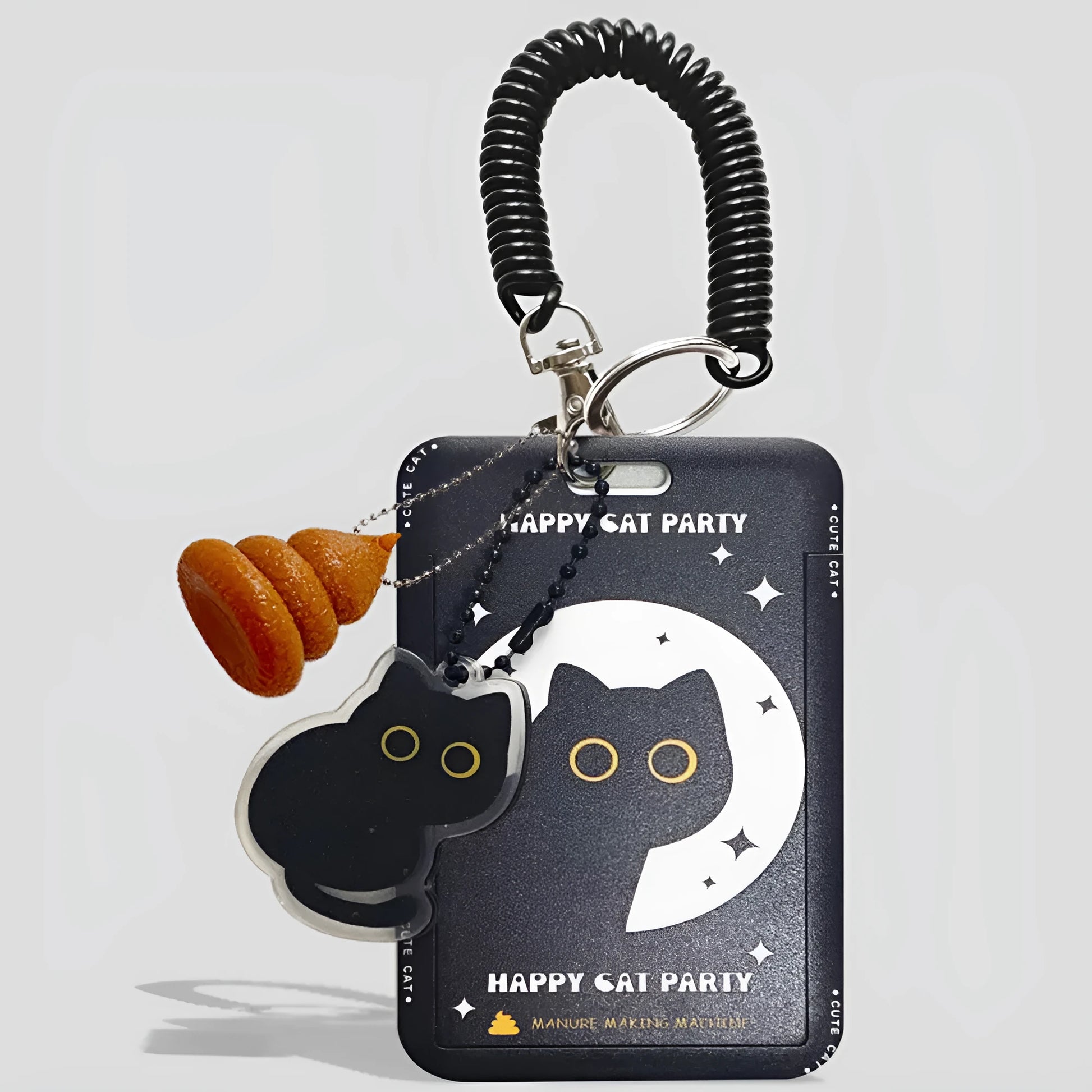 Cartoon cat design plastic card holder sleeve with a metal ferrule pendant clip attached.