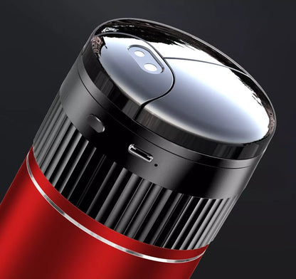 Smart car ashtray with lid and USB Type-C charging port in black, red, silver, brown, and green