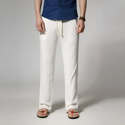 Men's straight leg casual trousers in cotton linen blend showing mid-waist design and straight leg opening