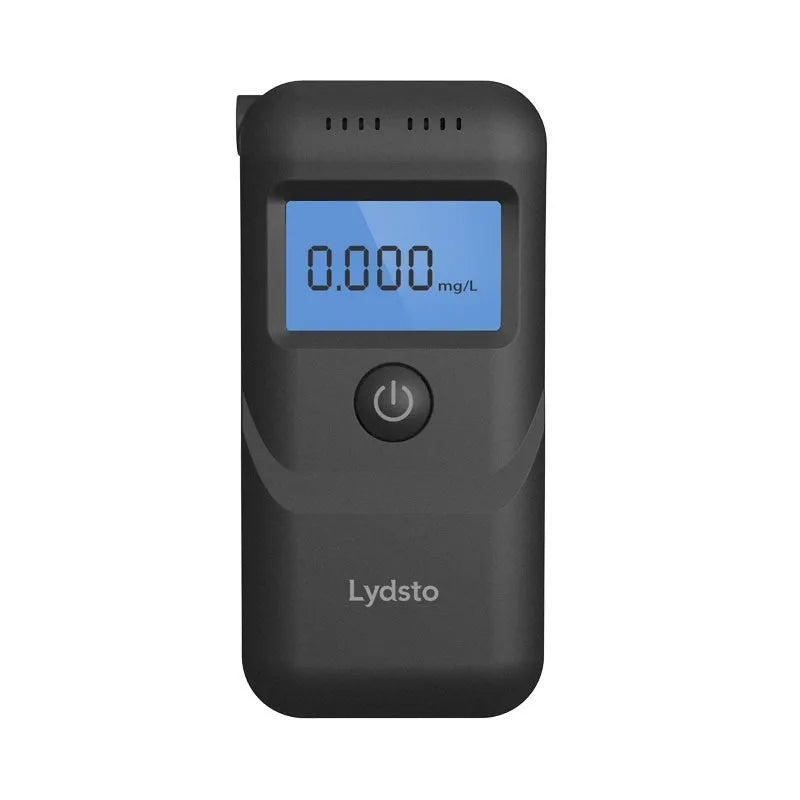 Black portable digital alcohol breath tester with display on a white background.