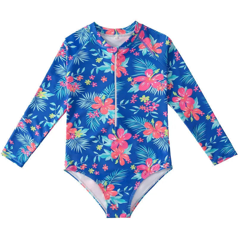 Girl's long-sleeve one-piece swimsuit in briefs style for swimming and wading