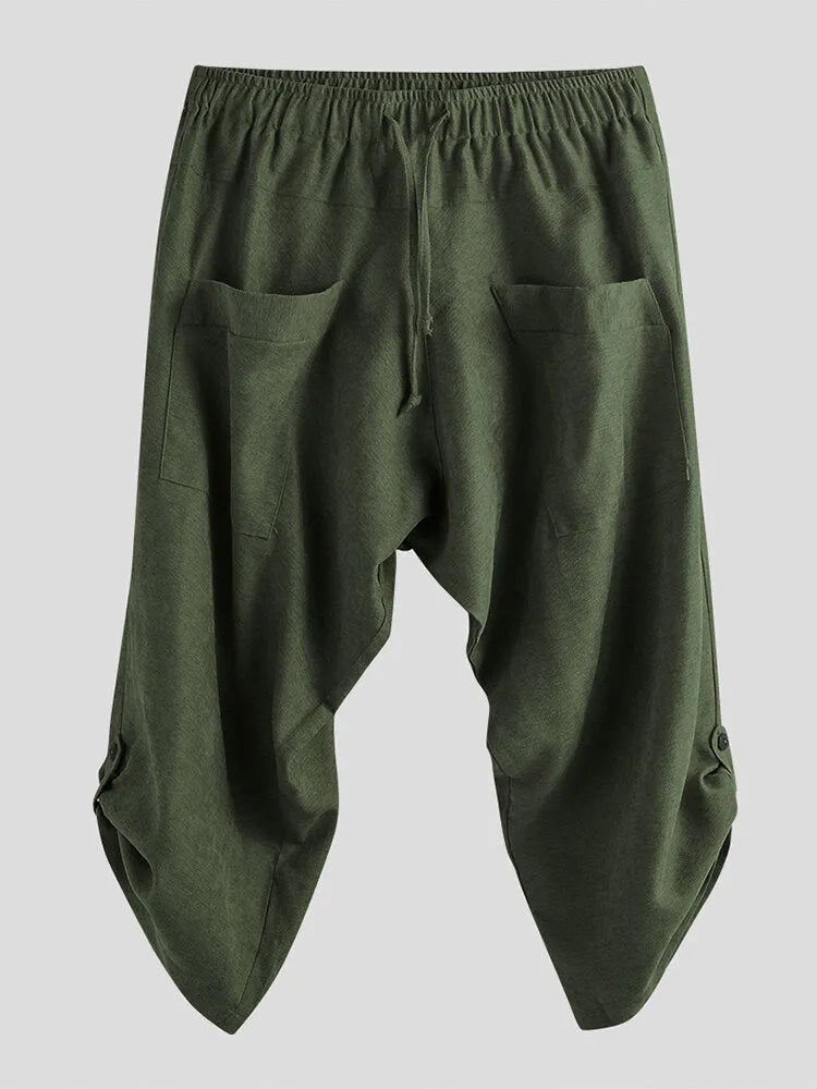 Chinese style hemp cropped trousers for men with printed ankle cuffs, loose fit, available in black, dark grey, green, red, yellow.