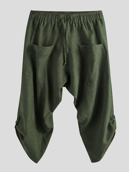 Chinese style hemp cropped trousers for men with printed ankle cuffs, loose fit, available in black, dark grey, green, red, yellow.