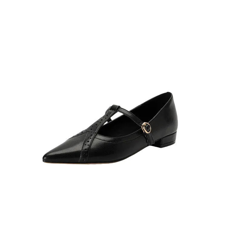 Brown women's pointed toe flat shoes with a round toe and metal detail on a casual cowhide upper.