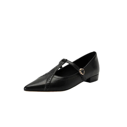 Brown women's pointed toe flat shoes with a round toe and metal detail on a casual cowhide upper.