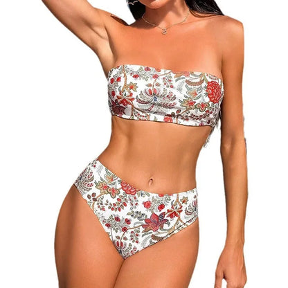 Women's printed bandeau swimsuit set with triangle top and matching shorts for swimming