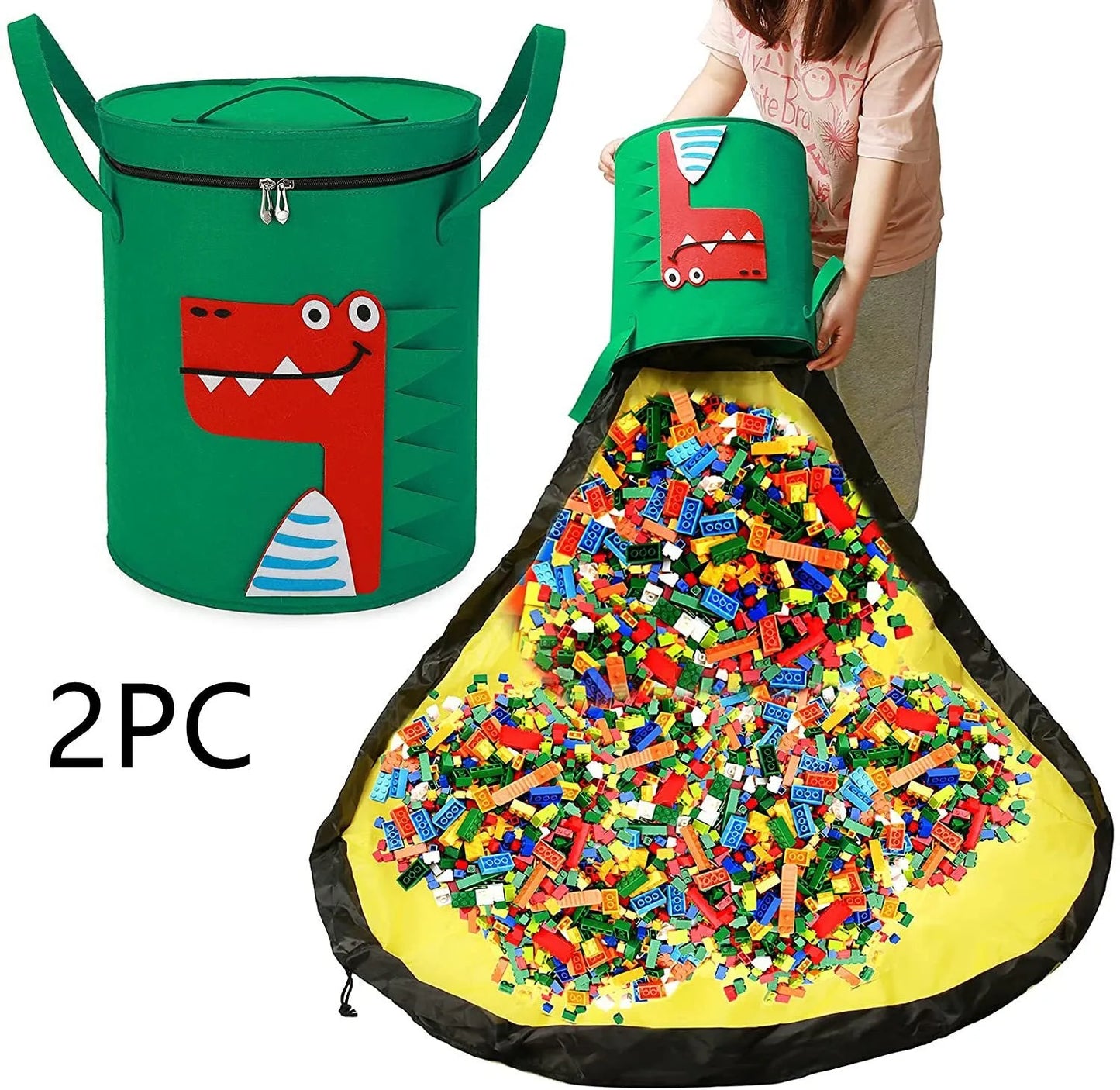 Green felt storage cube with pull rope unfolded flat to show 35cm square waterproof play mat